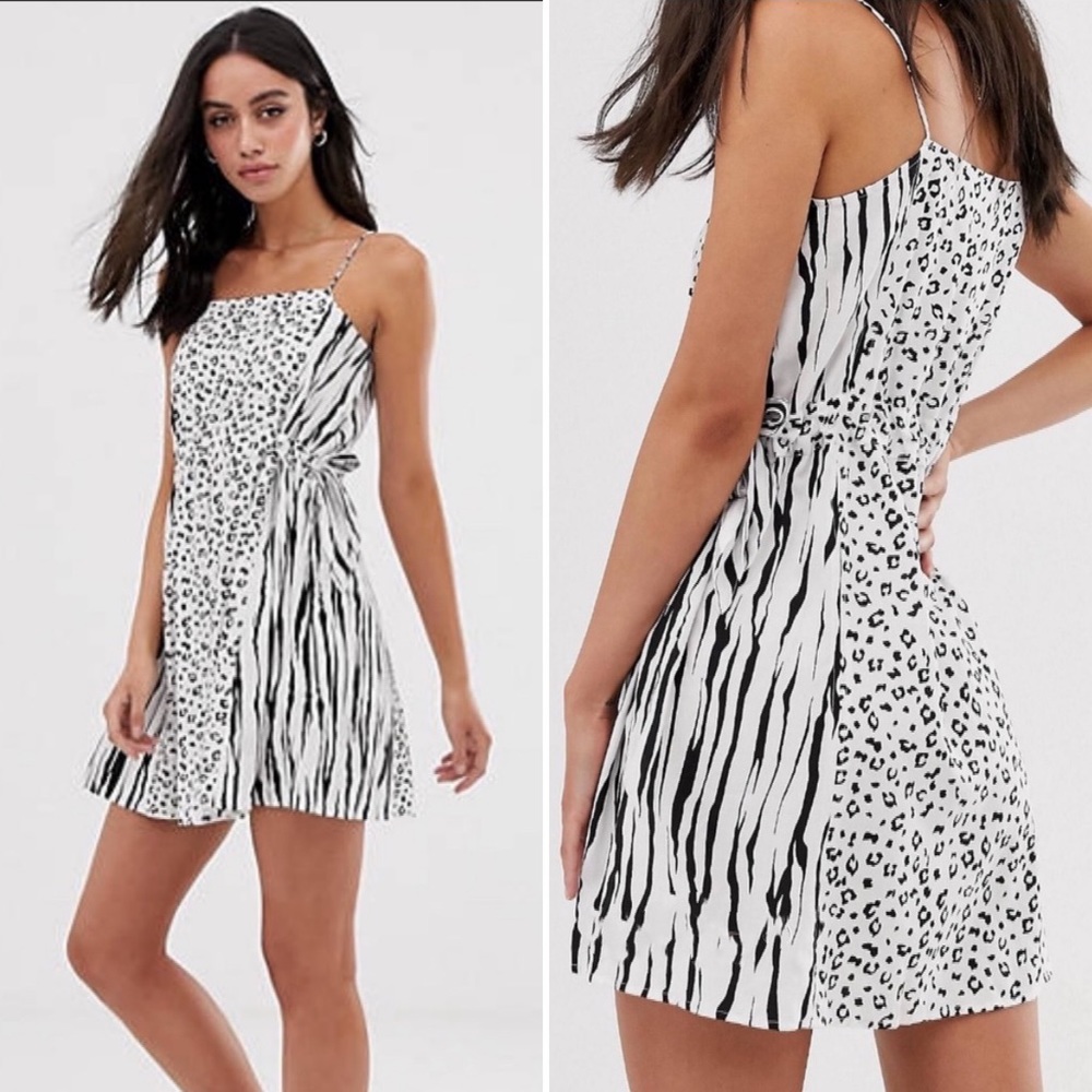 ASOS Sun Dress Black White Animal Leopard Zebra Drawstring Tie Waist Mini S